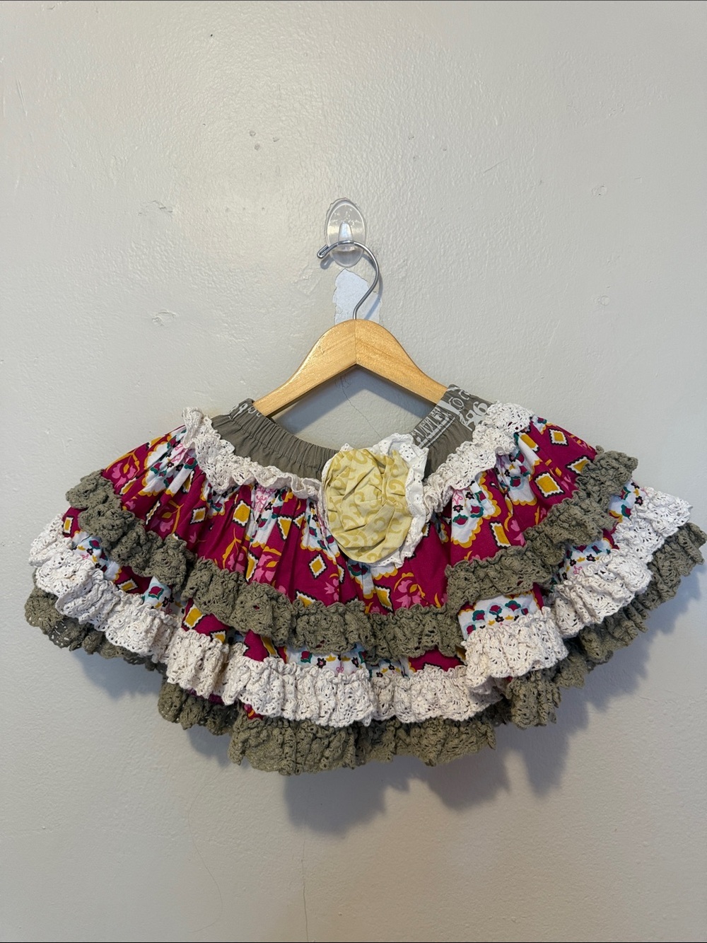 Mustard Pie Fuchsia Floral Ruffle Skirt with Olive and Cream Trim